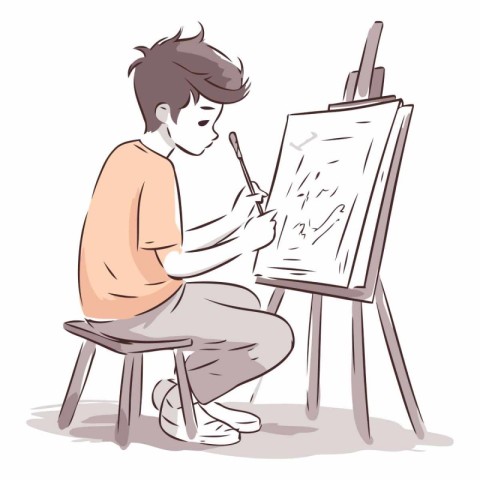 Illustration of a boy painting a picture on the easel.