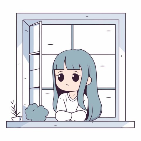 cute little girl in the window with sad expression vector illust