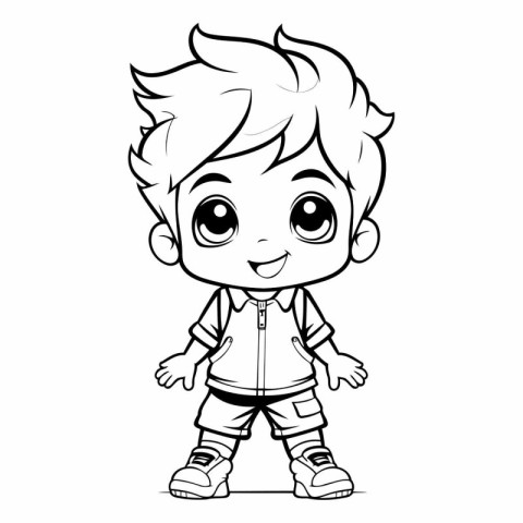 Black and White Cartoon Illustration of Cute Little Boy Characte