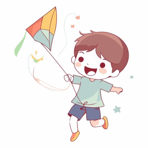 Illustration of a boy playing with a kite on a white background