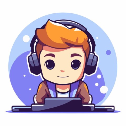 Cute boy with headphones playing video games. Vector cartoon ill