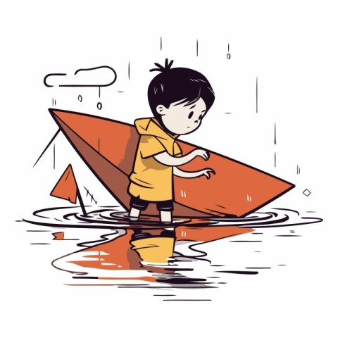 Boy in a raincoat with a paper boat.