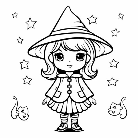 Cute little witch. Black and white vector illustration for color