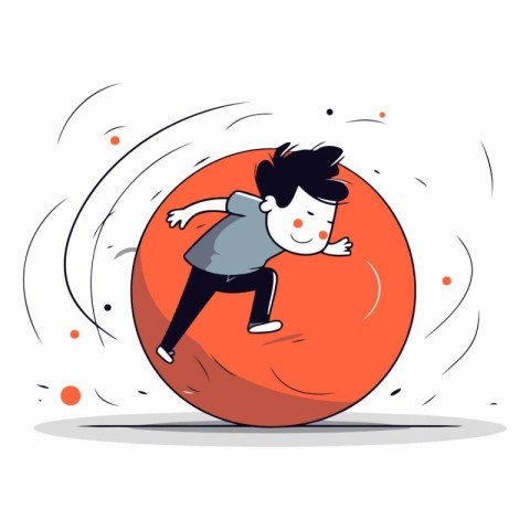 Man running on a red ball. Cartoon style.