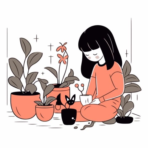 Girl sitting on the floor with a pot of flowers