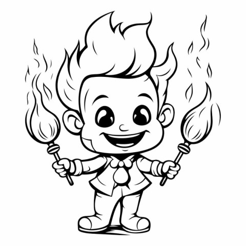 Funny Boy Cartoon Character Holding a Flaming Torch - Coloring B