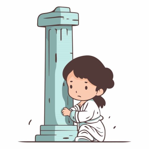 Illustration of a little girl standing in front of a column.