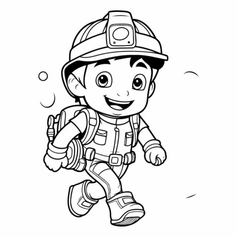 Black and White Cartoon Illustration of Cute Fireman or Fireman