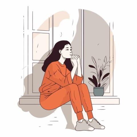 Vector illustration of a sad girl sitting on the windowsill and