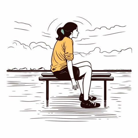 Young woman sitting on a bench by the sea.