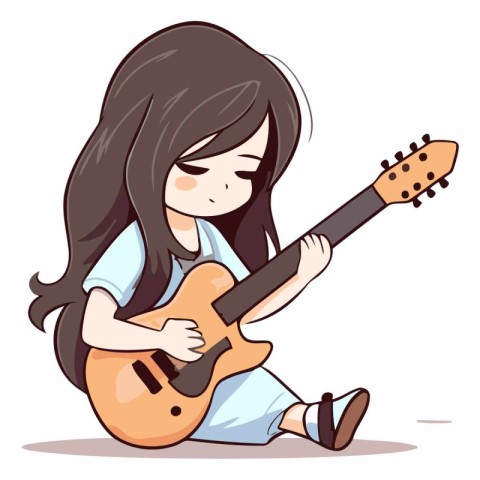 Little girl playing guitar. Cute cartoon character.