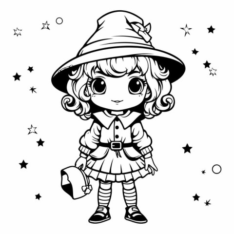 Cute cartoon witch girl in a hat. Black and white vector illustr