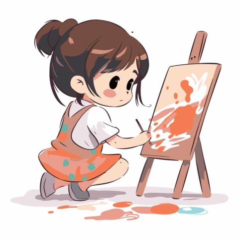 Cute little girl painting a picture on the easel.