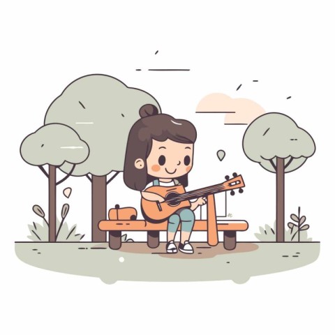 Little girl playing guitar in the park. Cute cartoon vector illu