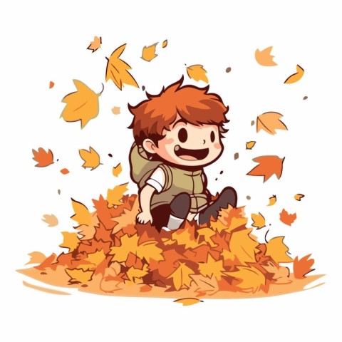 Illustration of a boy playing in the autumn leaves on a white ba