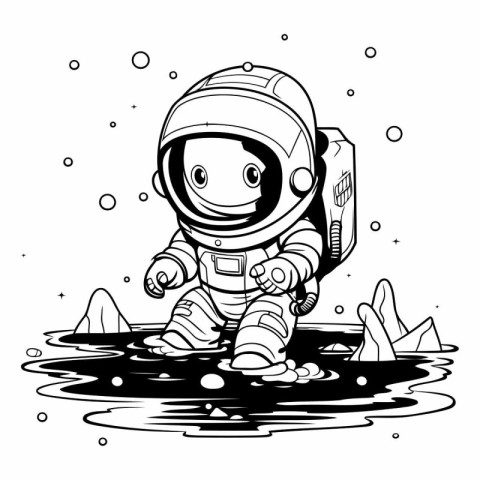 Astronaut in the water. black and white vector illustration.