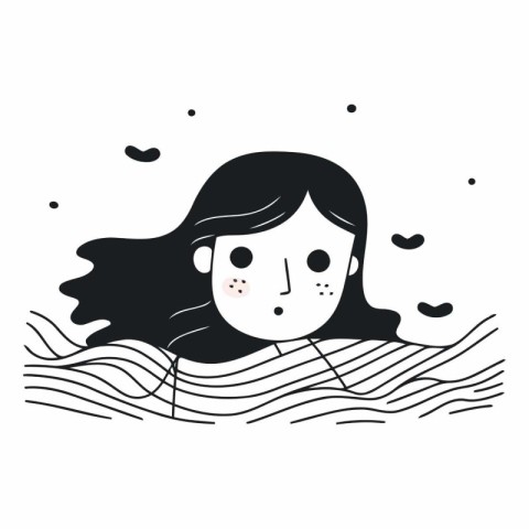 Vector illustration of a girl in the sea. Black and white.