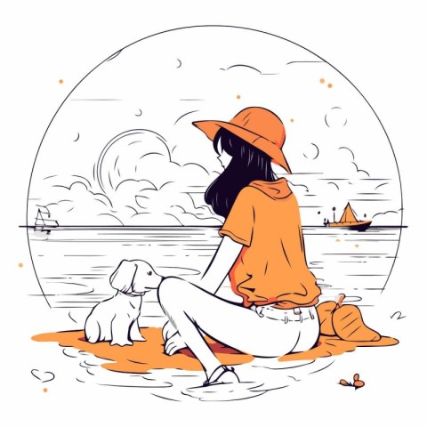 Vector illustration of a girl sitting on the beach with her dog.