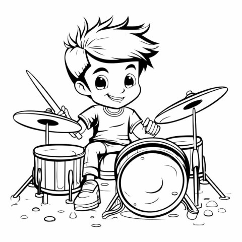 Boy playing drums. Black and white vector illustration for color