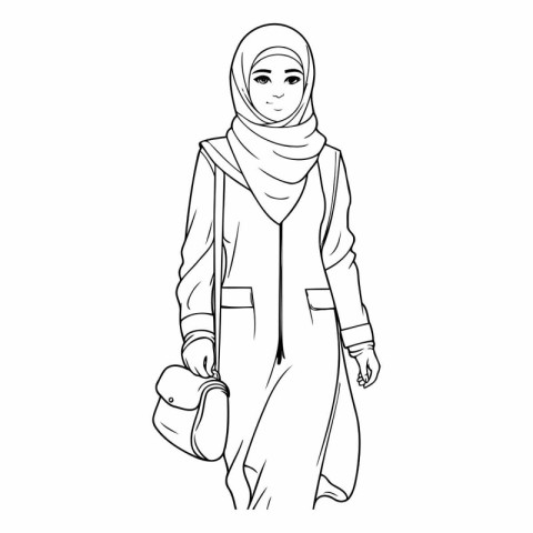 Arabic woman in hijab with handbag in sketch style.