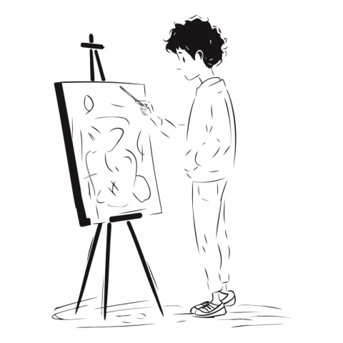 Young boy painting a picture on a easel.