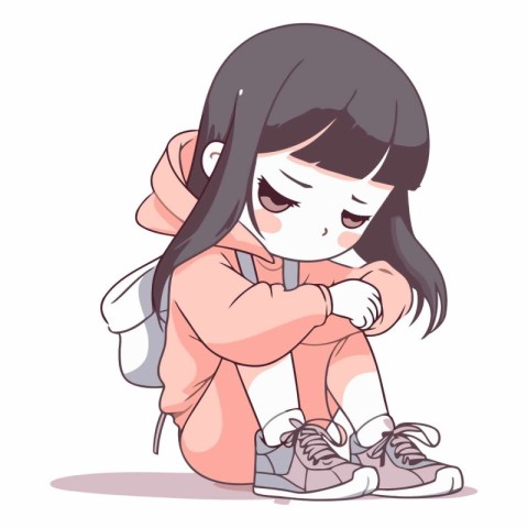 Illustration of a Cute Little Schoolgirl Sitting on the Floor