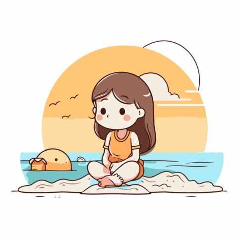 Cute little girl sitting on the beach in cartoon style.