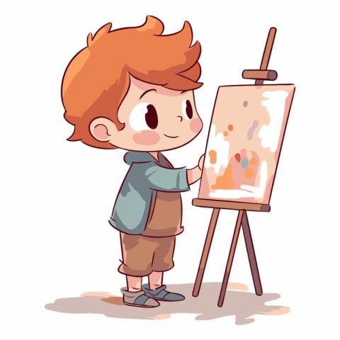 Cute little boy painting on easel. Vector cartoon illustration.