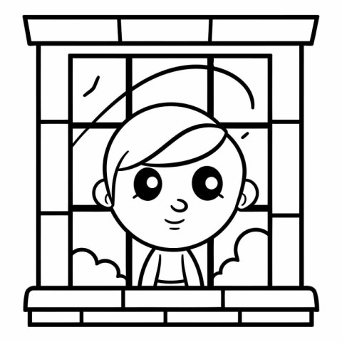 cute little boy in window cartoon vector illustration graphic de