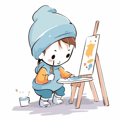 Illustration of a little boy painting a picture on white backgro