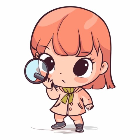 Cute cartoon girl looking through a magnifying glass.