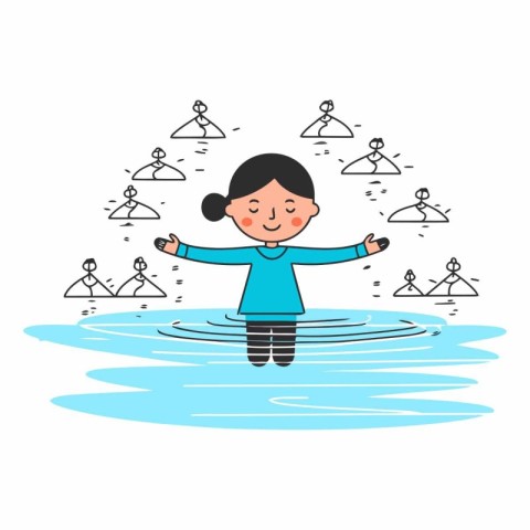 Vector illustration of a little girl playing in water. Flat styl