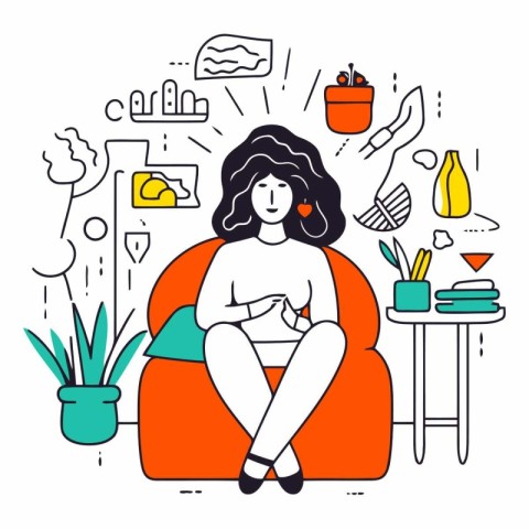 Vector illustration of a woman sitting in an armchair and thinki