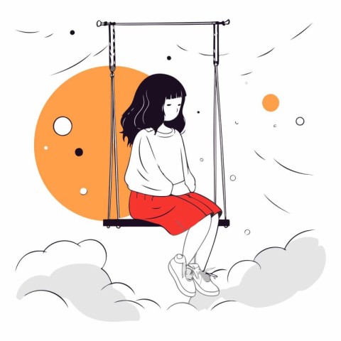 Cute girl swinging on a swing in cartoon style.