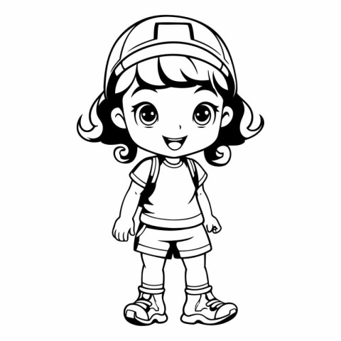 Cute little girl with backpack for coloring book.