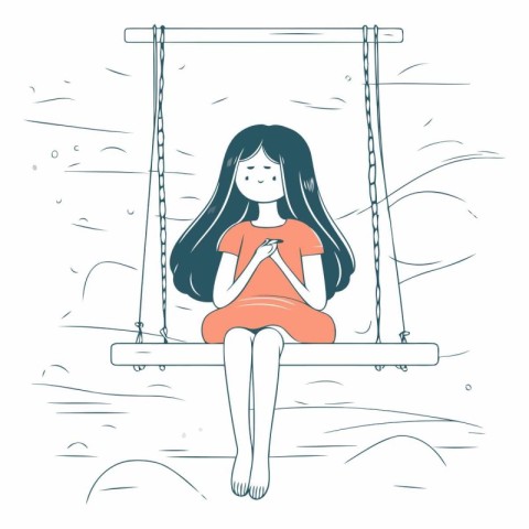 Girl sitting on a swing in line art style.