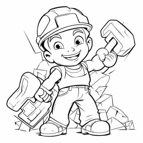 Black and White Cartoon Illustration of Cute Little Boy Construc