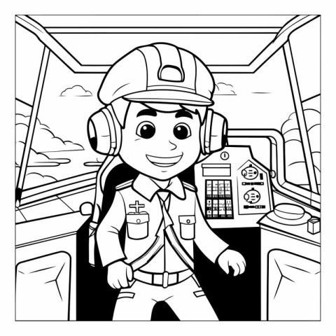 Black and White Cartoon Illustration of Little Boy Pilot Charact