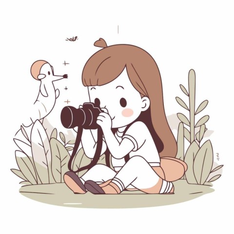 Illustration of a little girl sitting on the grass with a camera