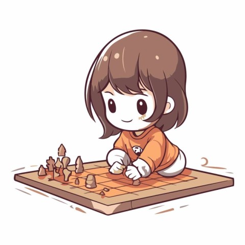 Illustration of a Cute Little Girl Playing Chess on a White Back