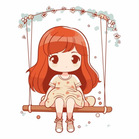 Cute little girl sitting on swing in cartoon style.