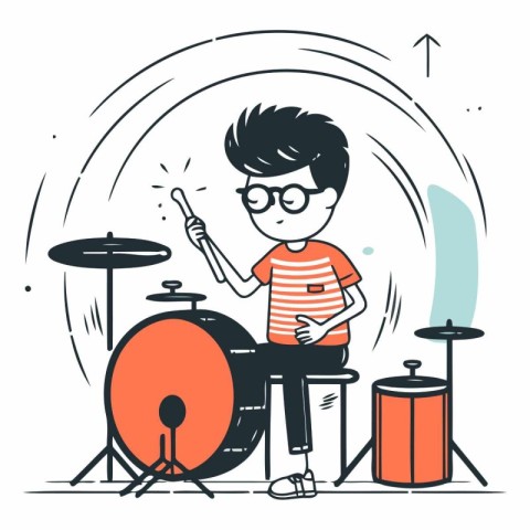 Cute boy playing drums in line art style.