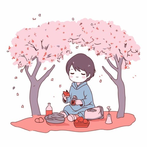 Cherry blossom and boy in hand drawn style.