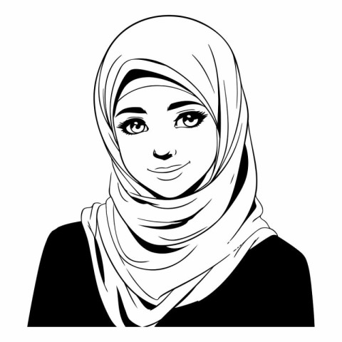 Hijab woman in a headscarf. black and white vector illustration