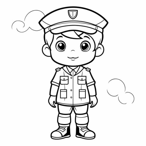 Black and White Cartoon Illustration of Cute Little Pilot Boy Ch