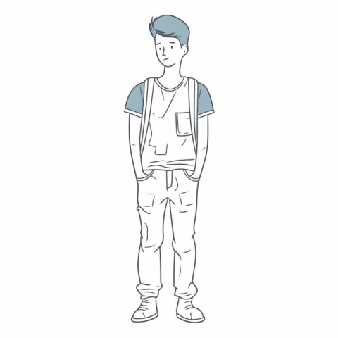 Hipster young man with backpack in sketch style