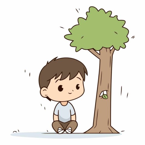 Boy sitting under the tree and looking at the tree.