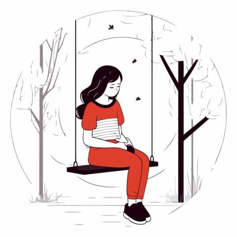 Girl sitting on a swing and reading a book.