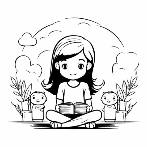 little girl reading book with family cartoon vector illustration