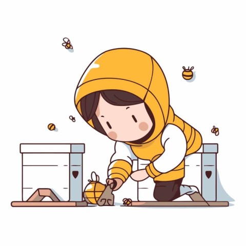 Little boy playing with a bee in cartoon style.